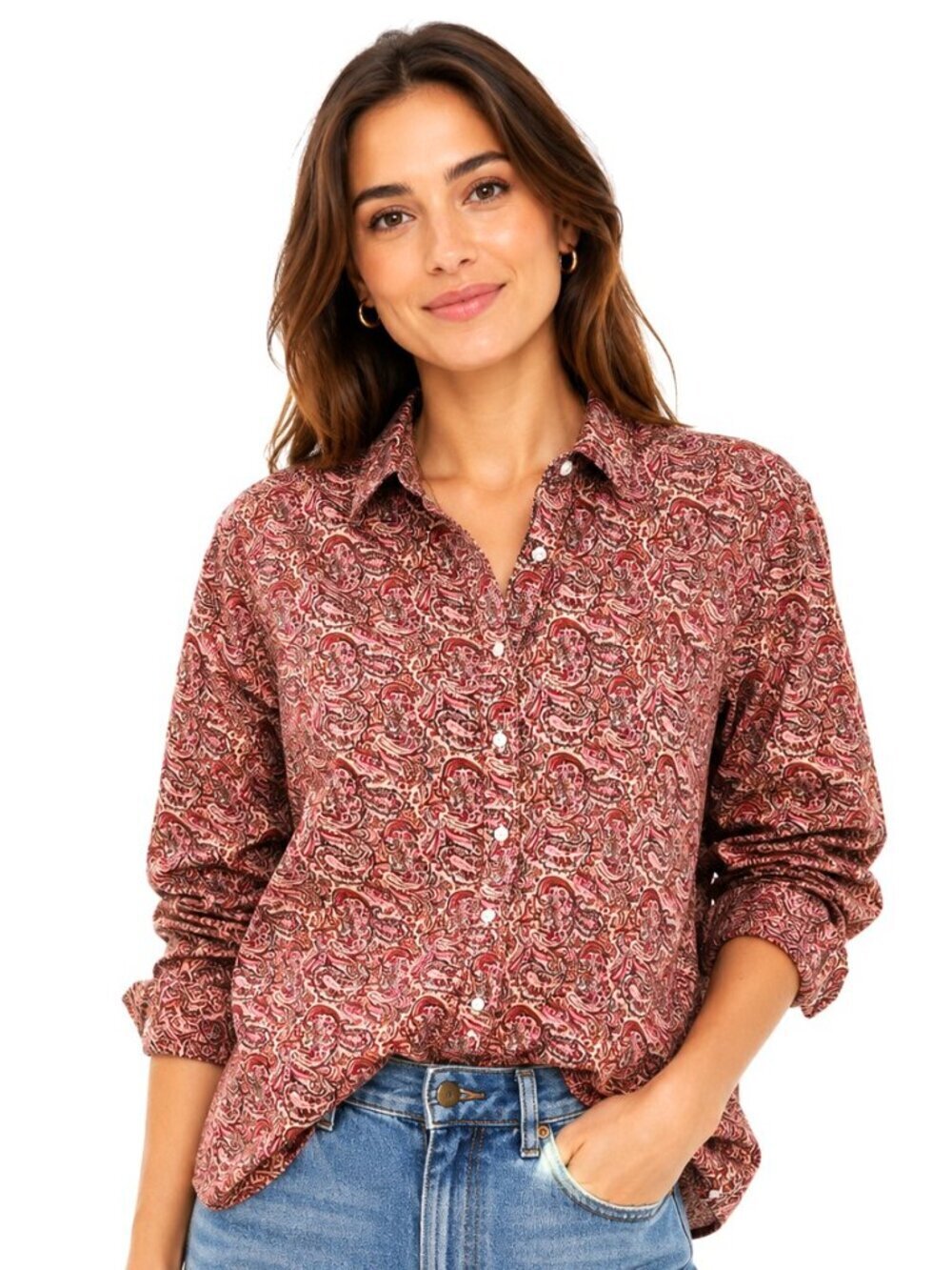 Lands' End Pink Paisley Cotton Long-Sleeve Shirt